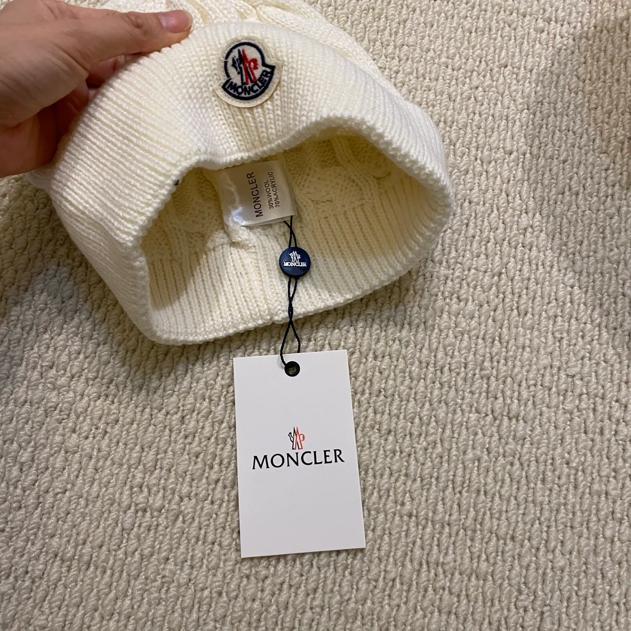 Moncler Beanie in White & Black & Grey & Tan · view 5