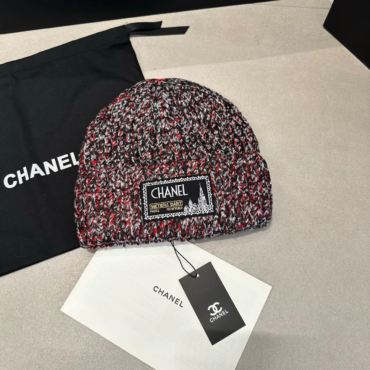 Chanel Beanie in Red & Grey · view 1