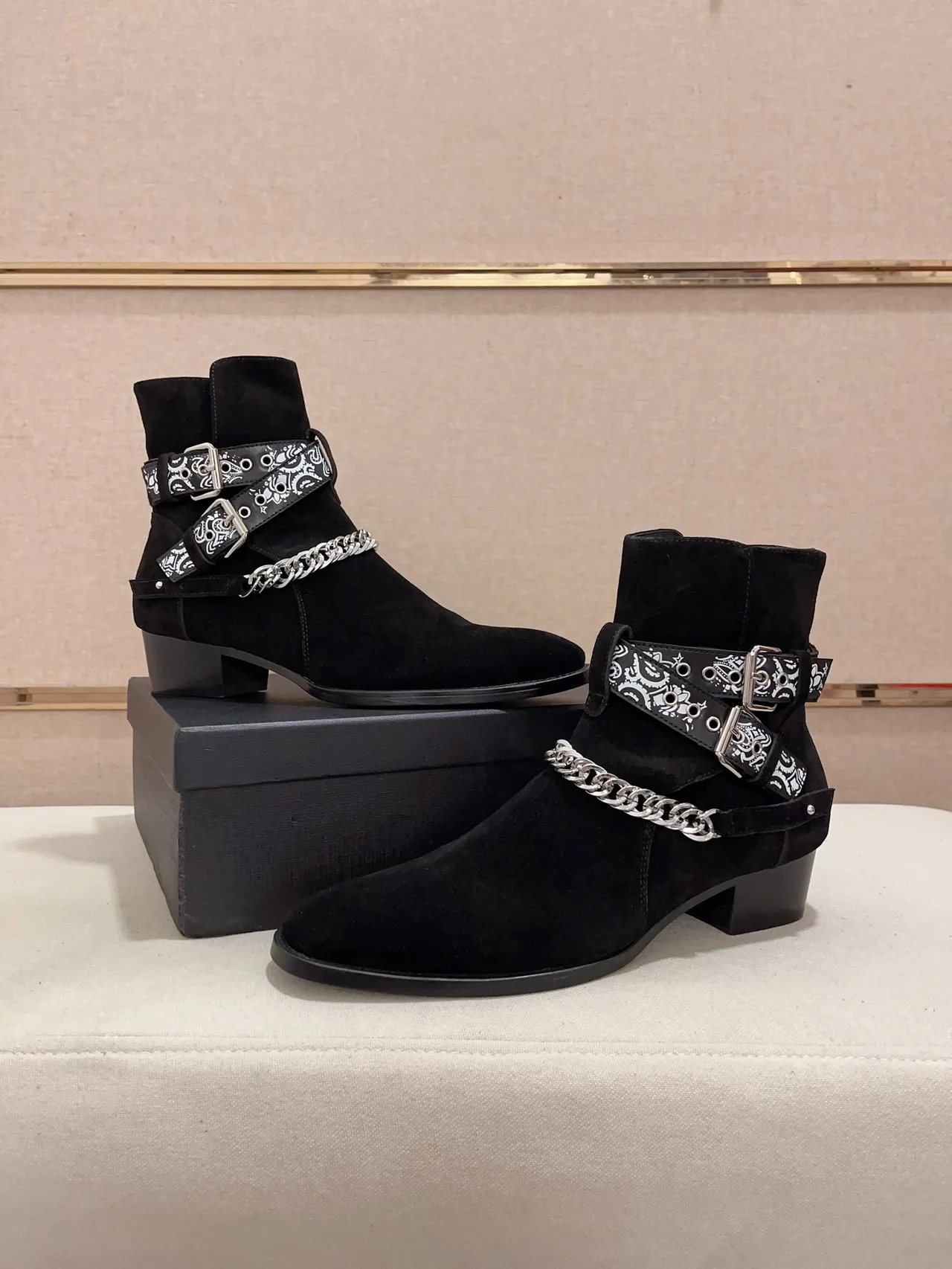 AMIRI Cowhide Suede-Look Pointed-Toe Bandana Strap Ankle Boots in Black · view 7