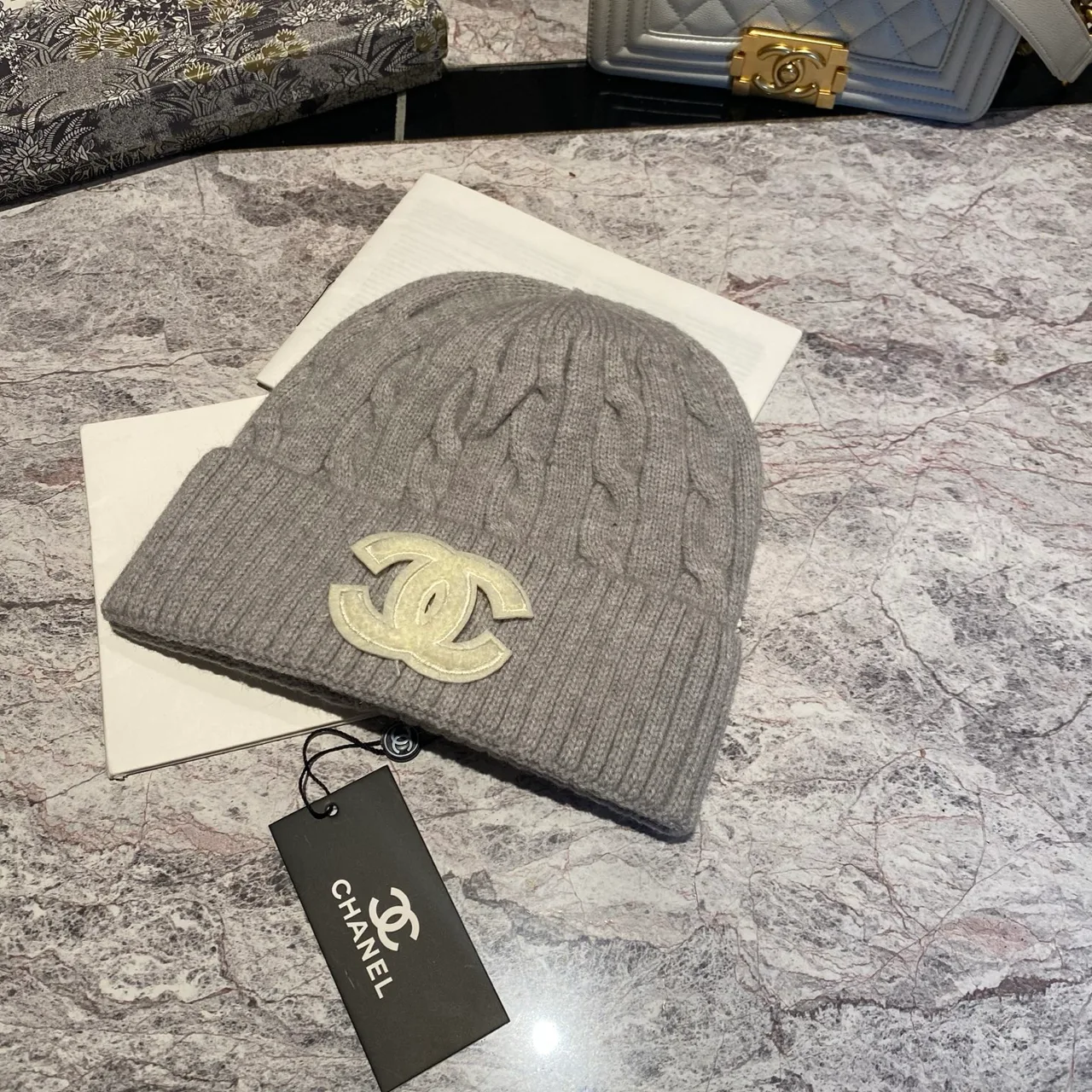 Chanel CC Cable-Knit Beanie in Brown / White / Grey / Pink / Black / Blue / Red · view 3