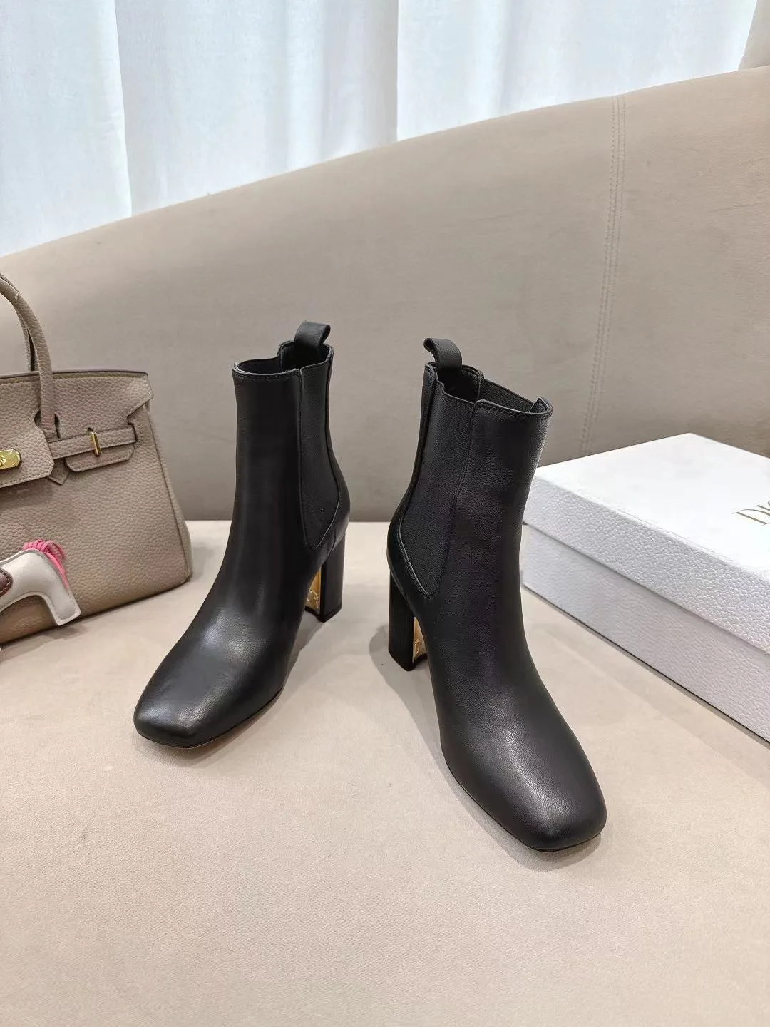 Dior Glossy Square-Toe Ankle Boots in Black · view 2