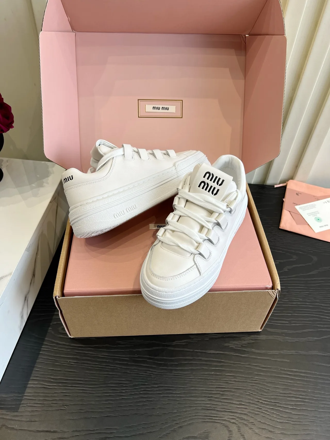 Miu Miu Cowhide Lace-Up Sneakers in White · view 4