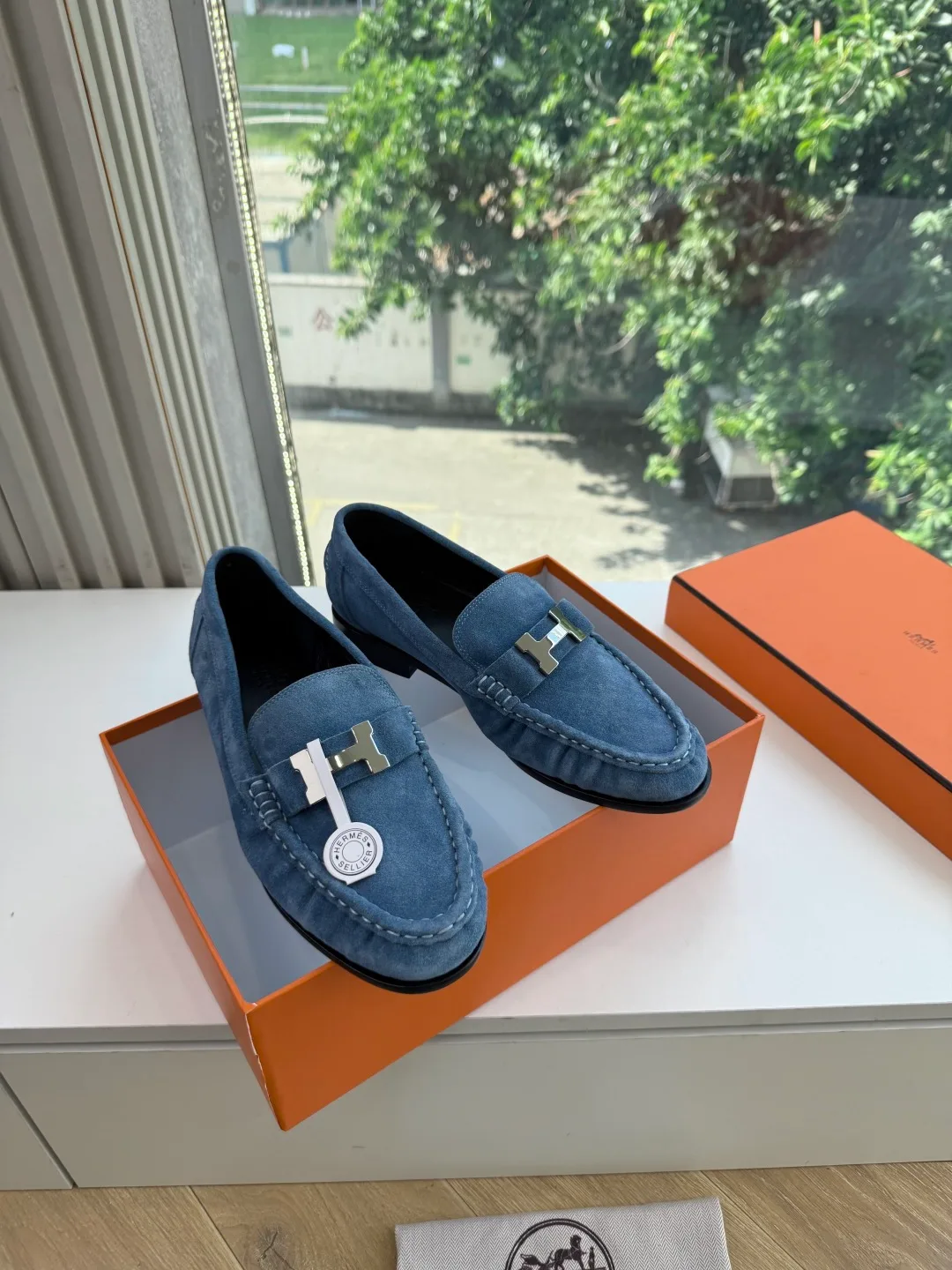 Hermes Calfskin Suede-Look Round-Toe Loafers in Blue · view 2