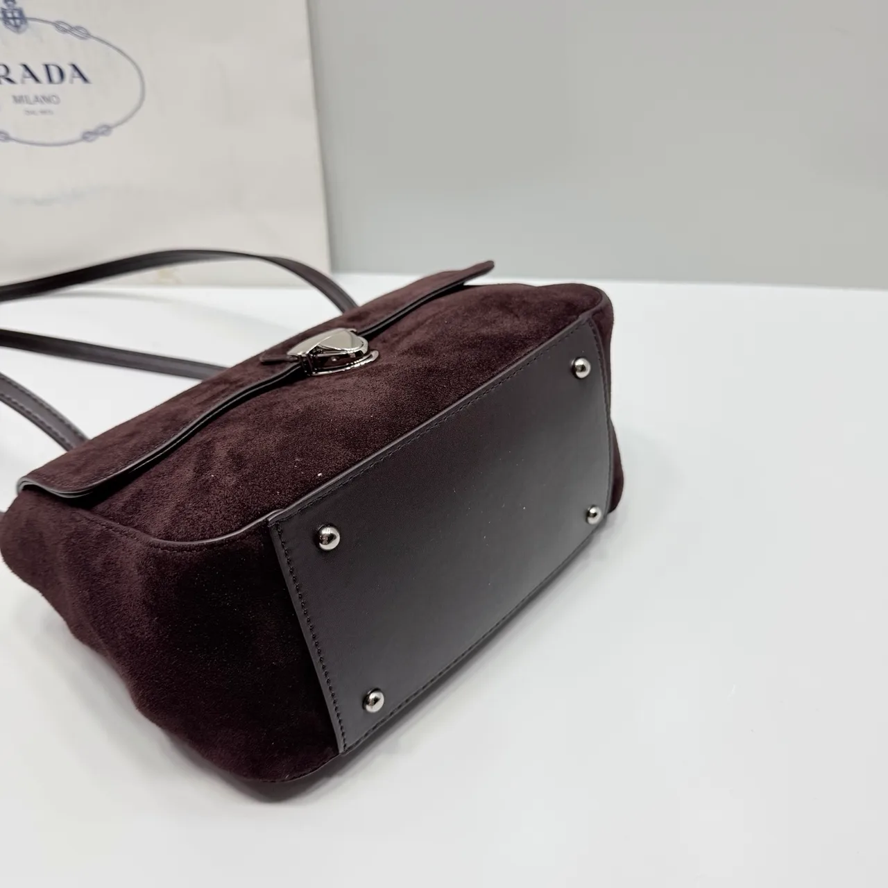 Prada Suede-Look Flap Shoulder Bag in Brown · view 6