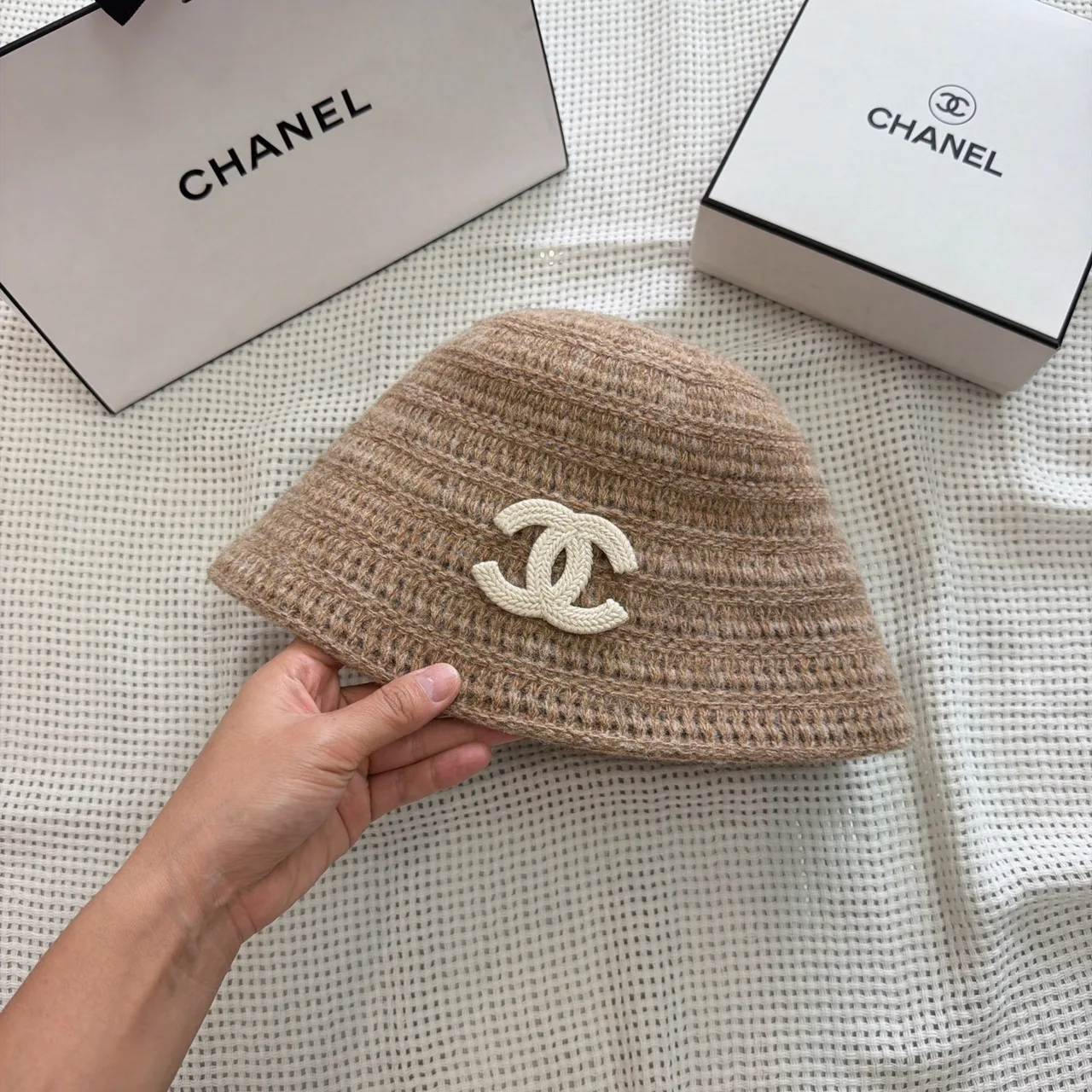 Chanel Knit CC bucket hat in Black & Tan & Cream · view 5