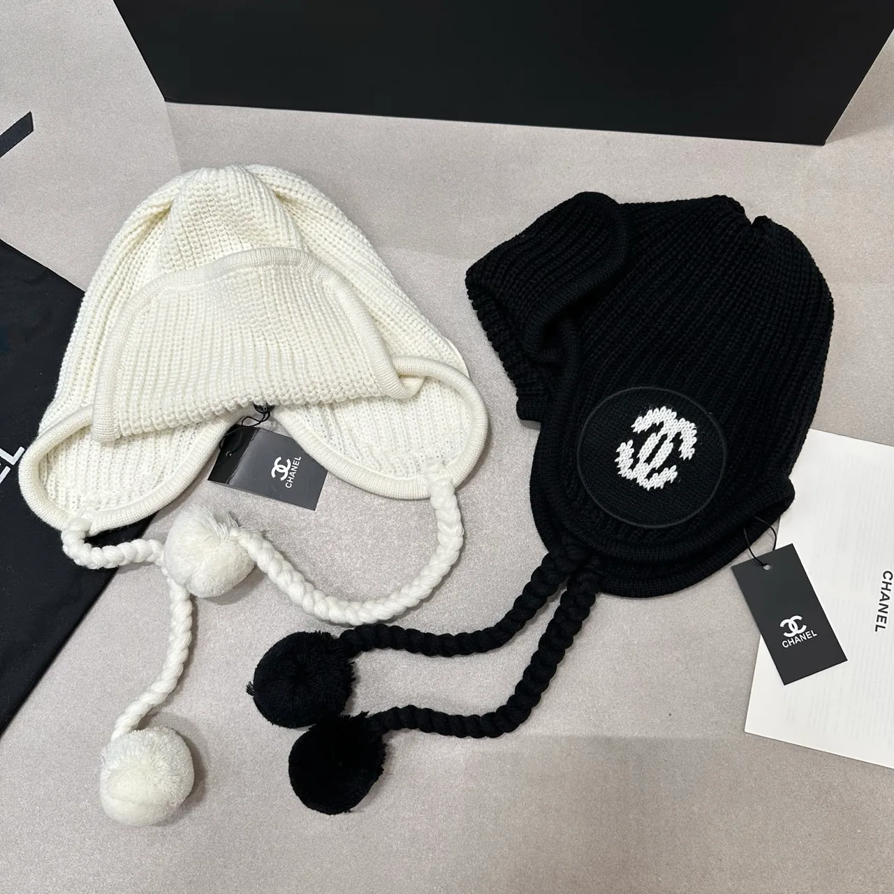 Chanel Earflap Knit Hat in Cream & Black · view 6