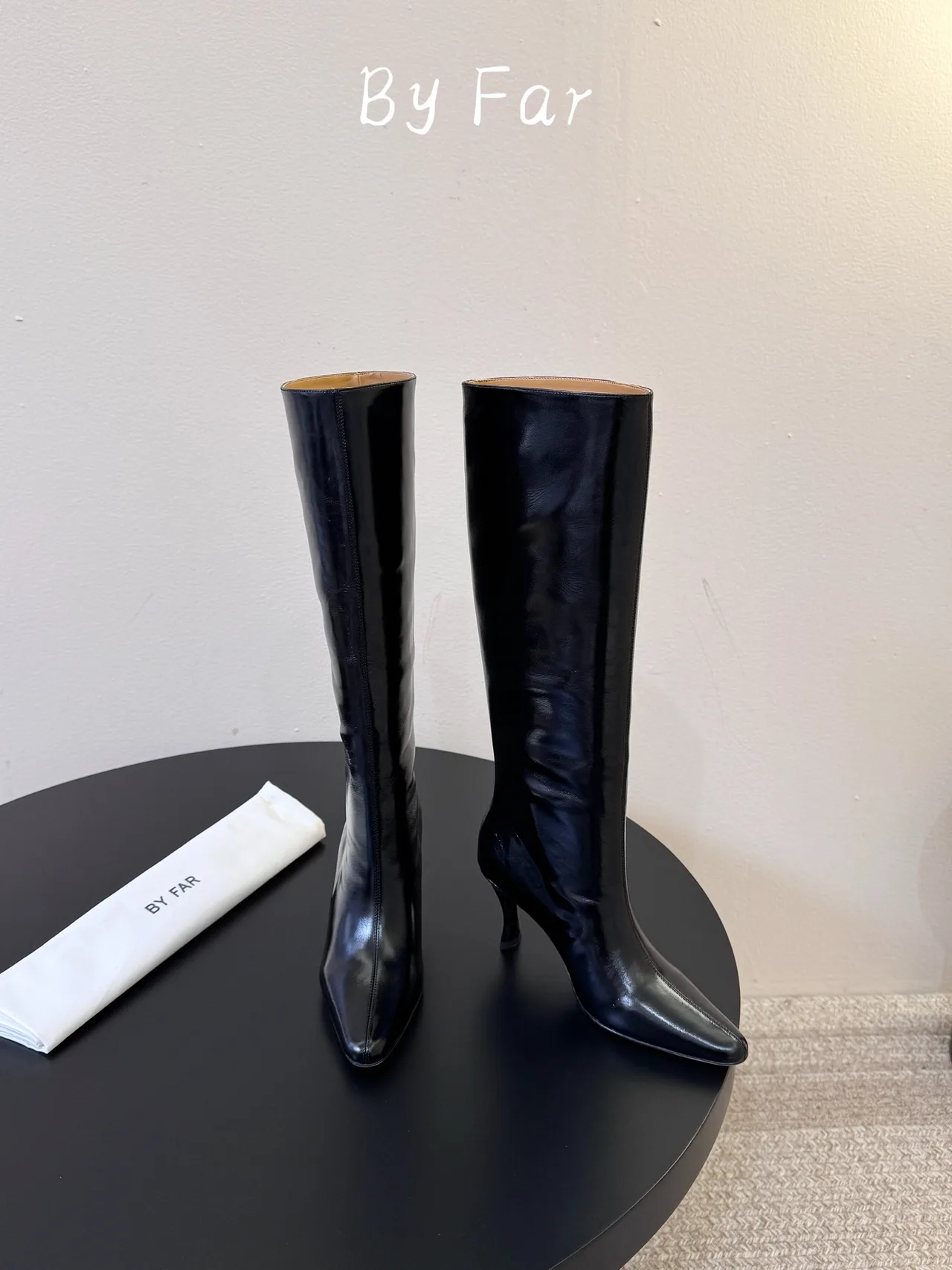 By Far Glossy Pointed-Toe Lace-Up Knee-High Boots in Black · view 2