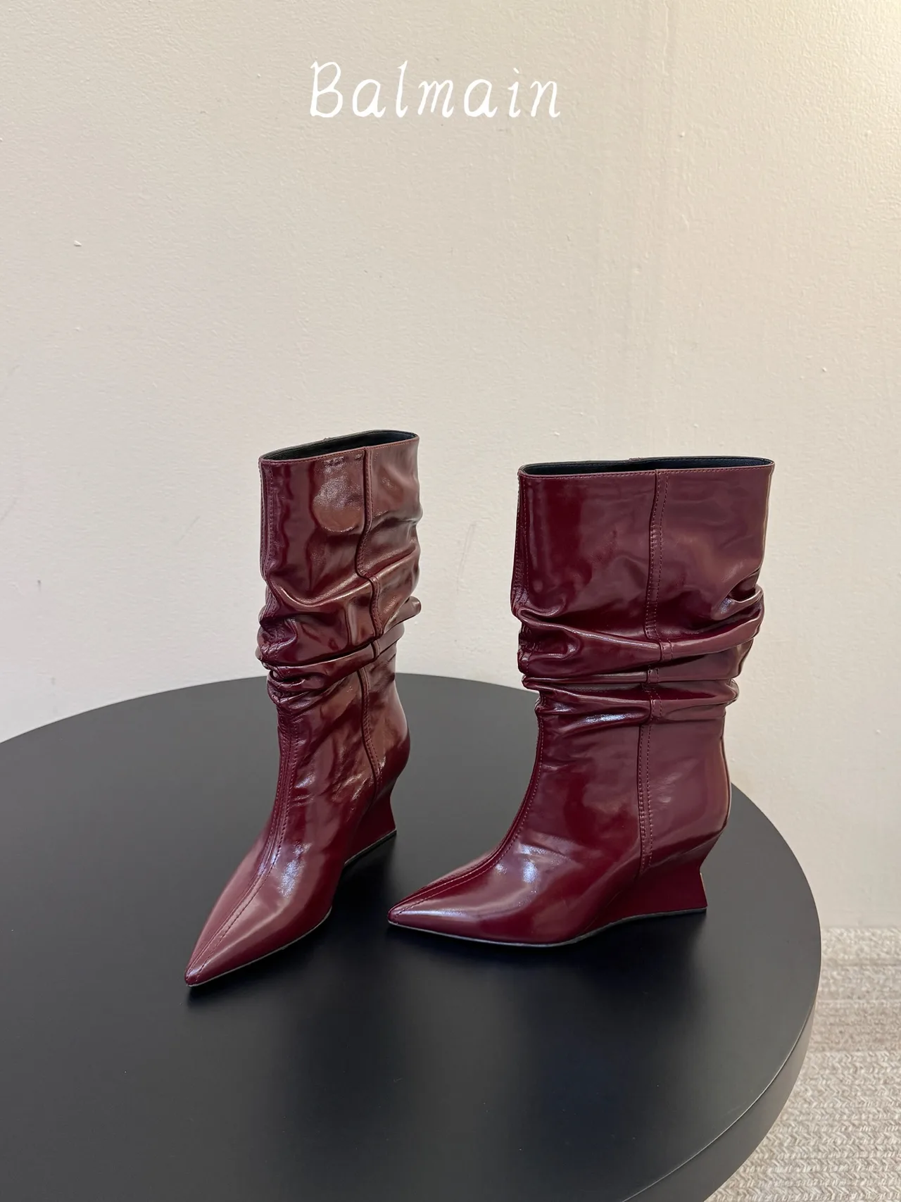 Balmain Denim Ribbed Glossy Pointed-Toe Mid-Calf Boots in Burgundy · view 3