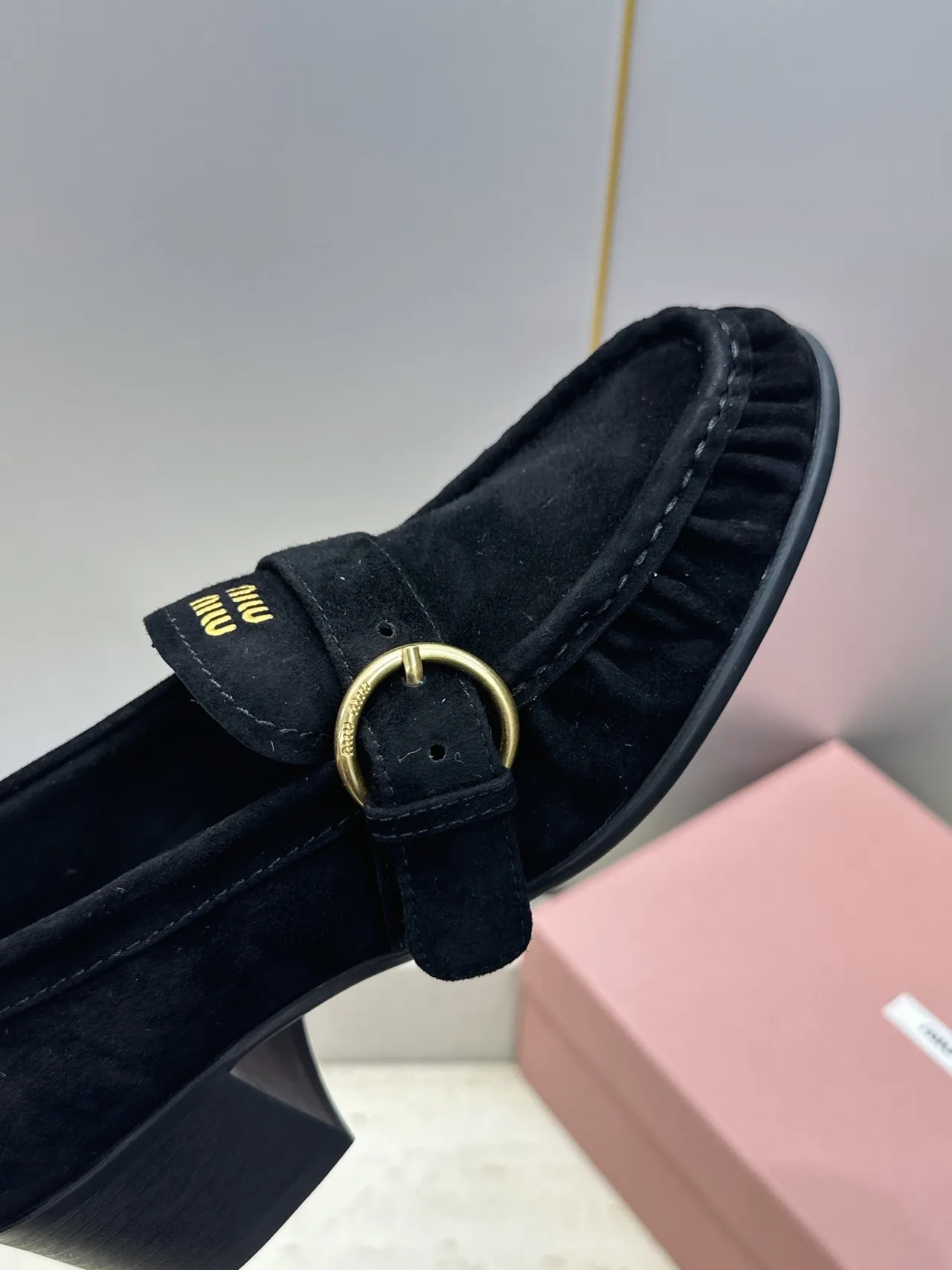 Miu Miu Cowhide Sheepskin Buckle Suede Heeled Loafers in Black · view 8