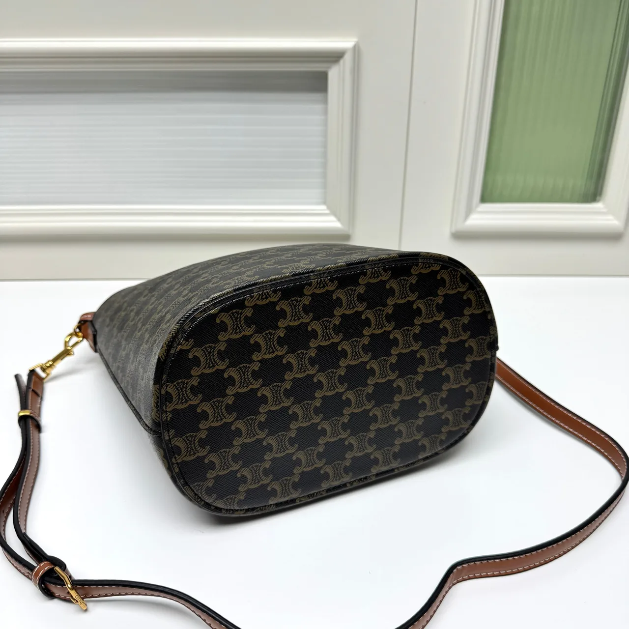 Celine Calfskin Quilted Monogram Bucket Bag in Brown · view 6