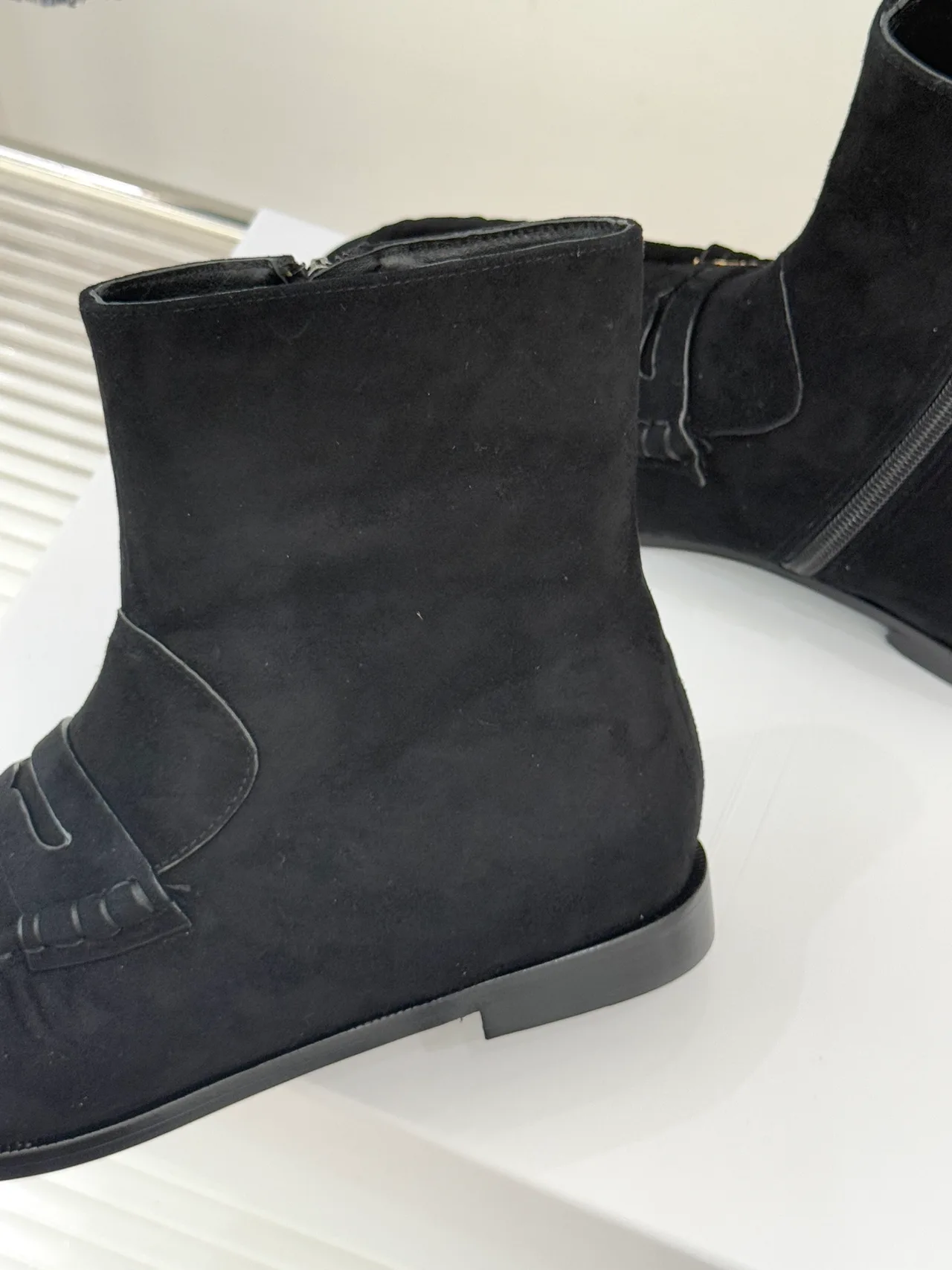 Saint Laurent Glossy Suede-Look Round-Toe Ankle Boots in Black · view 6