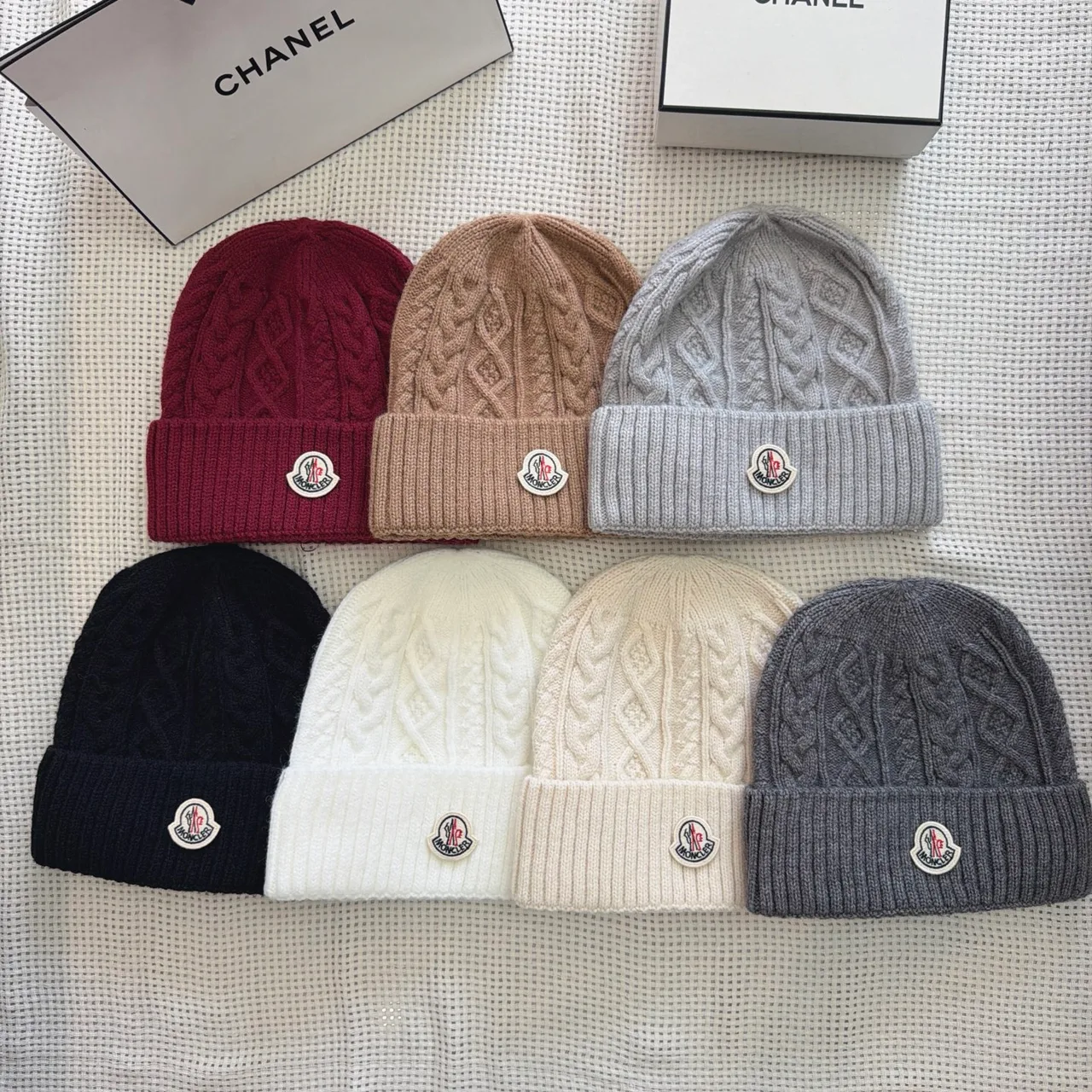 Moncler Cable-knit logo beanie in Burgundy & Black & White & Cream & Grey & Tan · view 8
