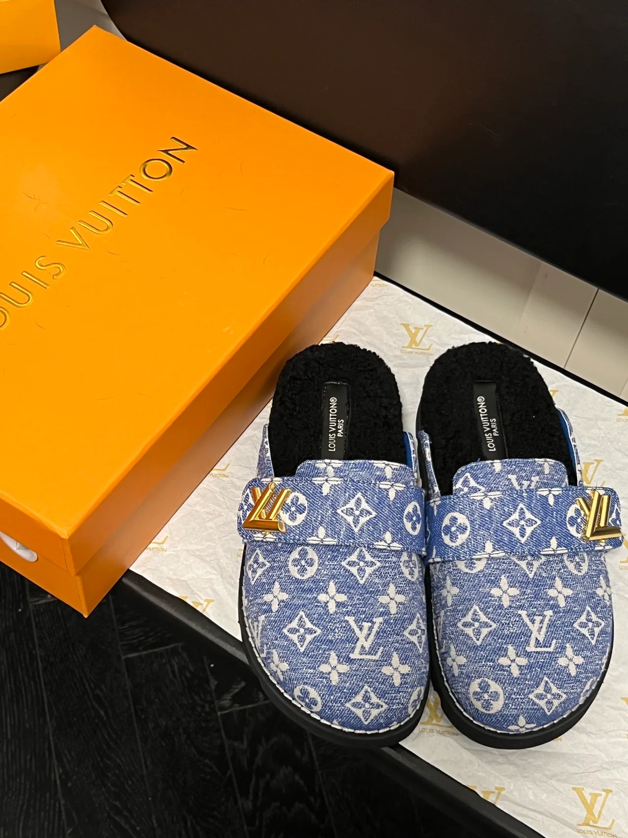 Louis Vuitton Monogram Lace-Up Buckle Slippers in Blue · view 7