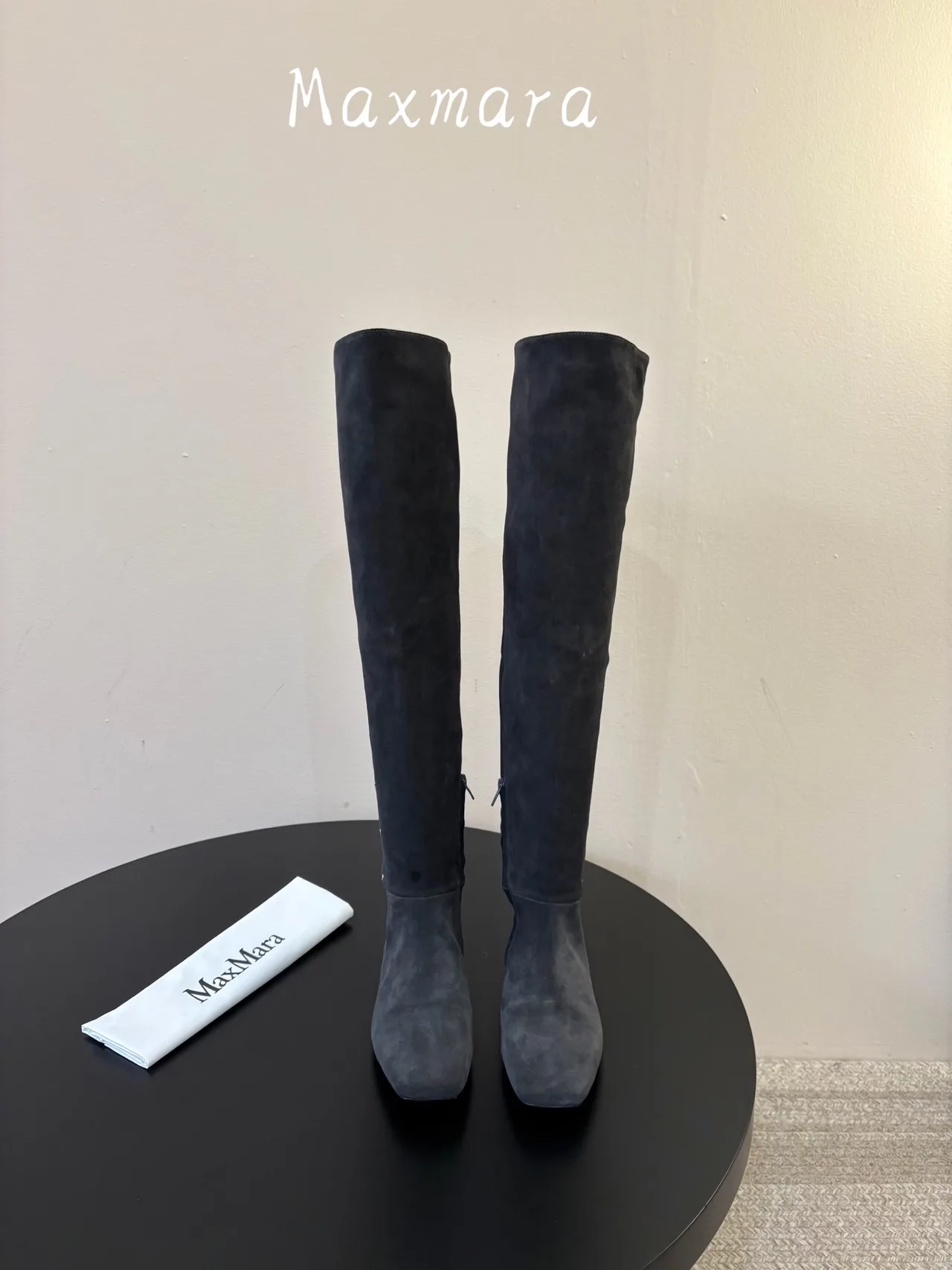 Max Mara Suede-Look Pointed-Toe Over-The-Knee Boots in Grey · view 1