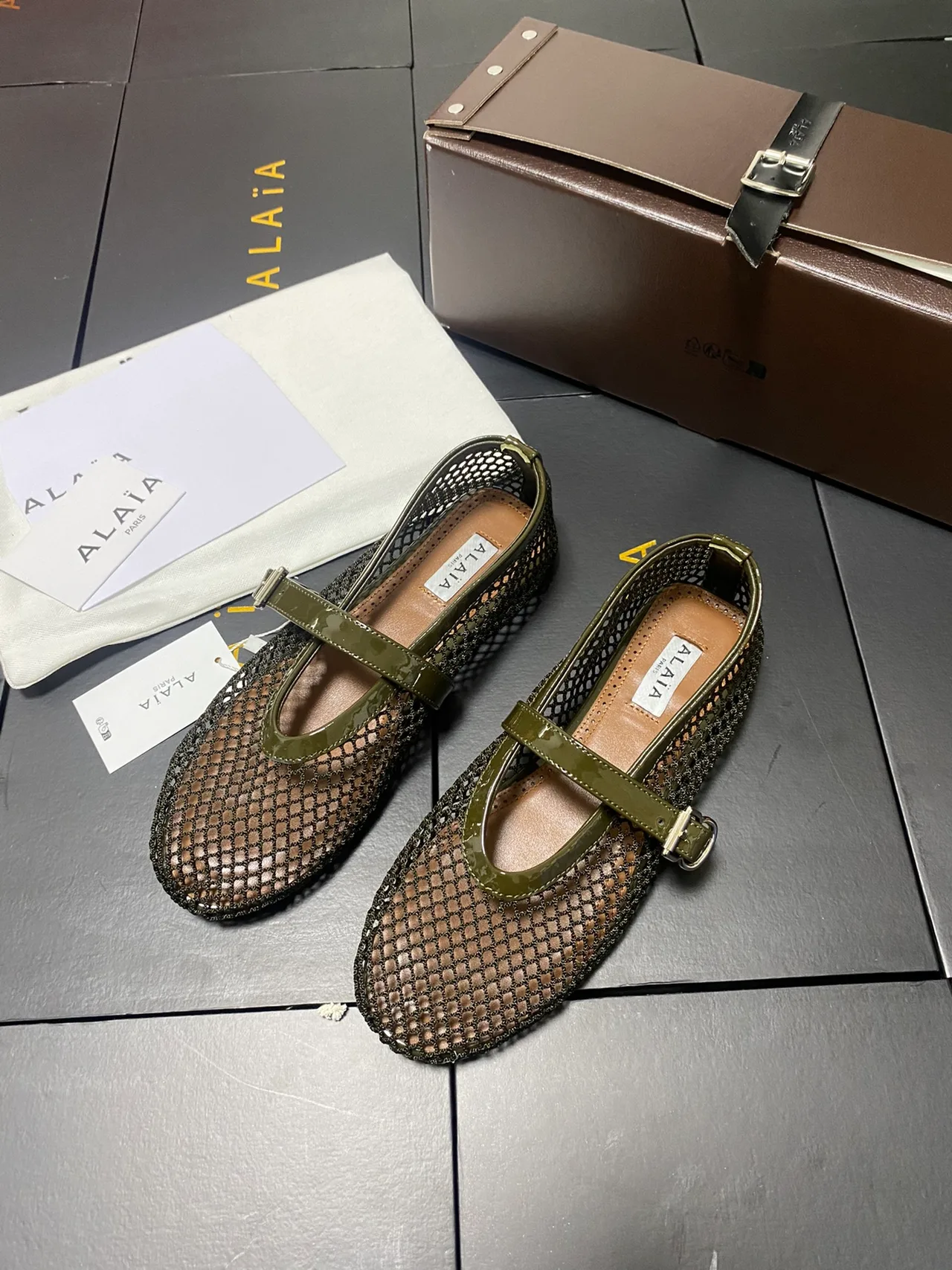 Alaia Cowhide Sheepskin Mesh Mary Jane Flats in Green · view 3