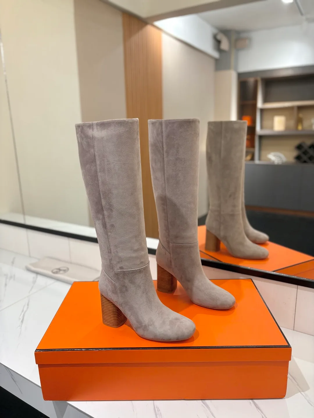 Hermes Cowhide Knee-High Boots in Grey · view 1