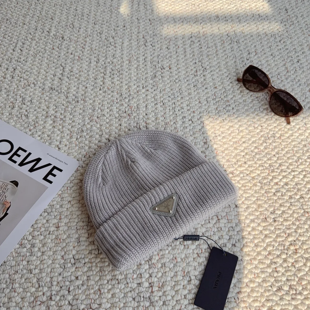 Prada Ribbed Knit Beanie in Grey · view 5