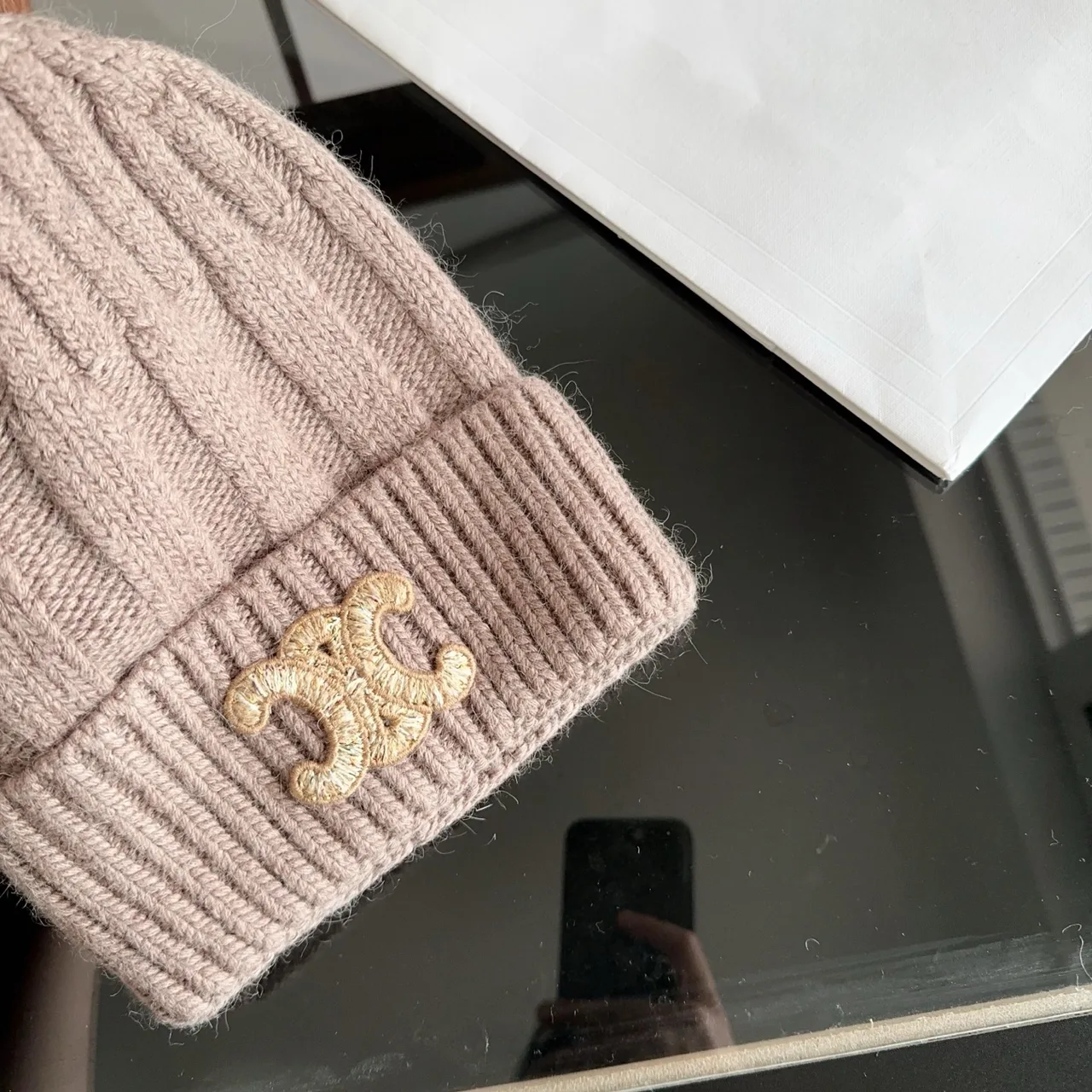 Celine Ribbed Glossy Beanie in Brown · view 7