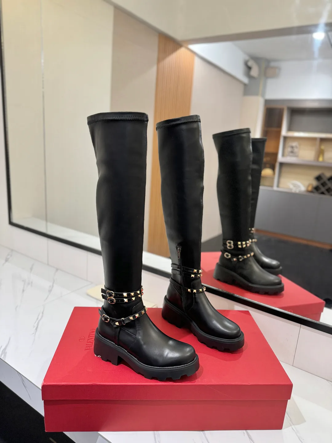 Valentino Cowhide Smooth Knee-High Boots in Black · view 2