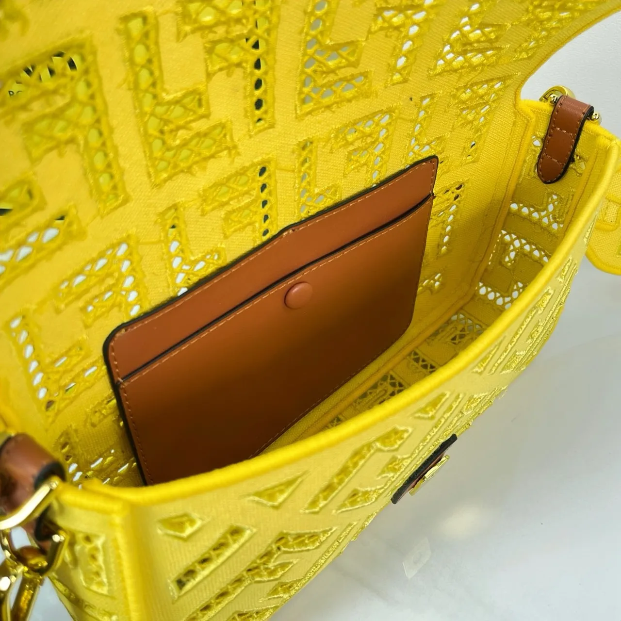 Fendi Canvas Cutout FF-Pattern Flap Shoulder Bag in Yellow · view 7