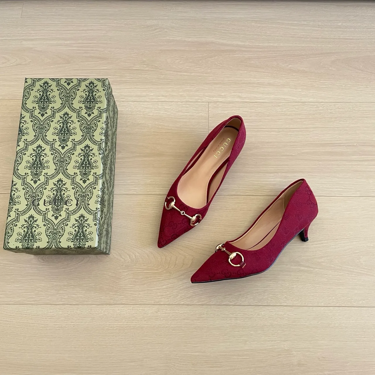 Gucci Canvas Smooth Pointed-Toe Horsebit Kitten Heel Pumps in Burgundy · view 3