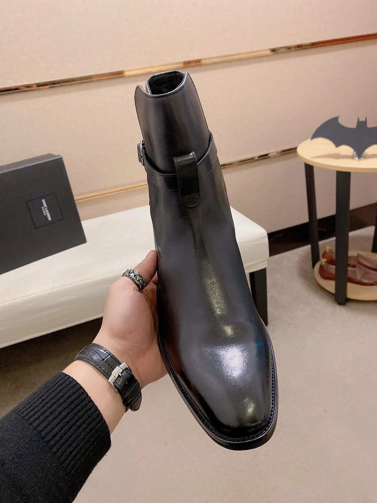 Saint Laurent Cowhide Glossy Pointed-Toe Buckle Ankle Boots in Black · view 2