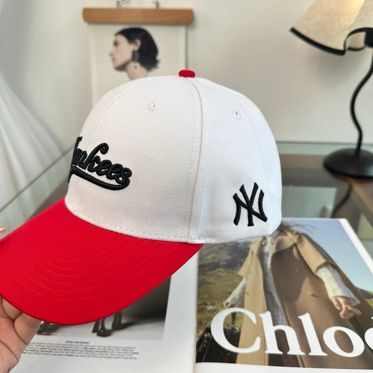 Yankees-Script Colorblock Baseball Cap in Grey & Blue & Brown & White · view 8