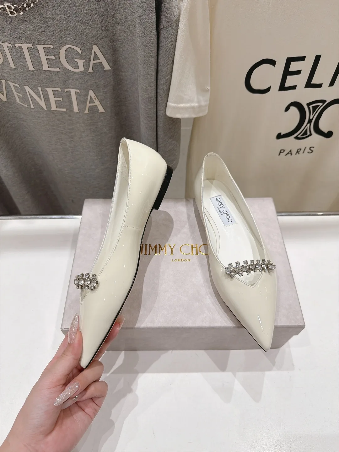 Jimmy Choo Cowhide Glossy Pointed-Toe Flats in White · view 4