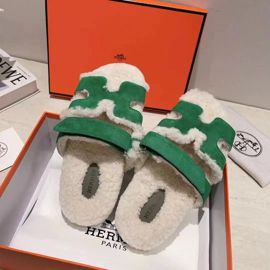 Hermes Sheepskin Chypre Shearling Slides in Green · view 1