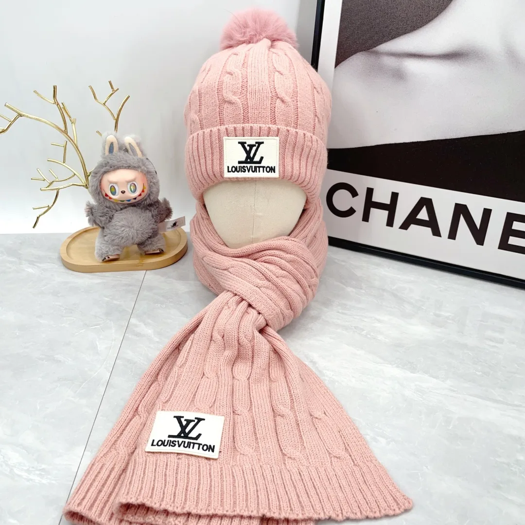 Louis Vuitton Wool Pom-Pom Hat and Scarf Set in Pink · view 1