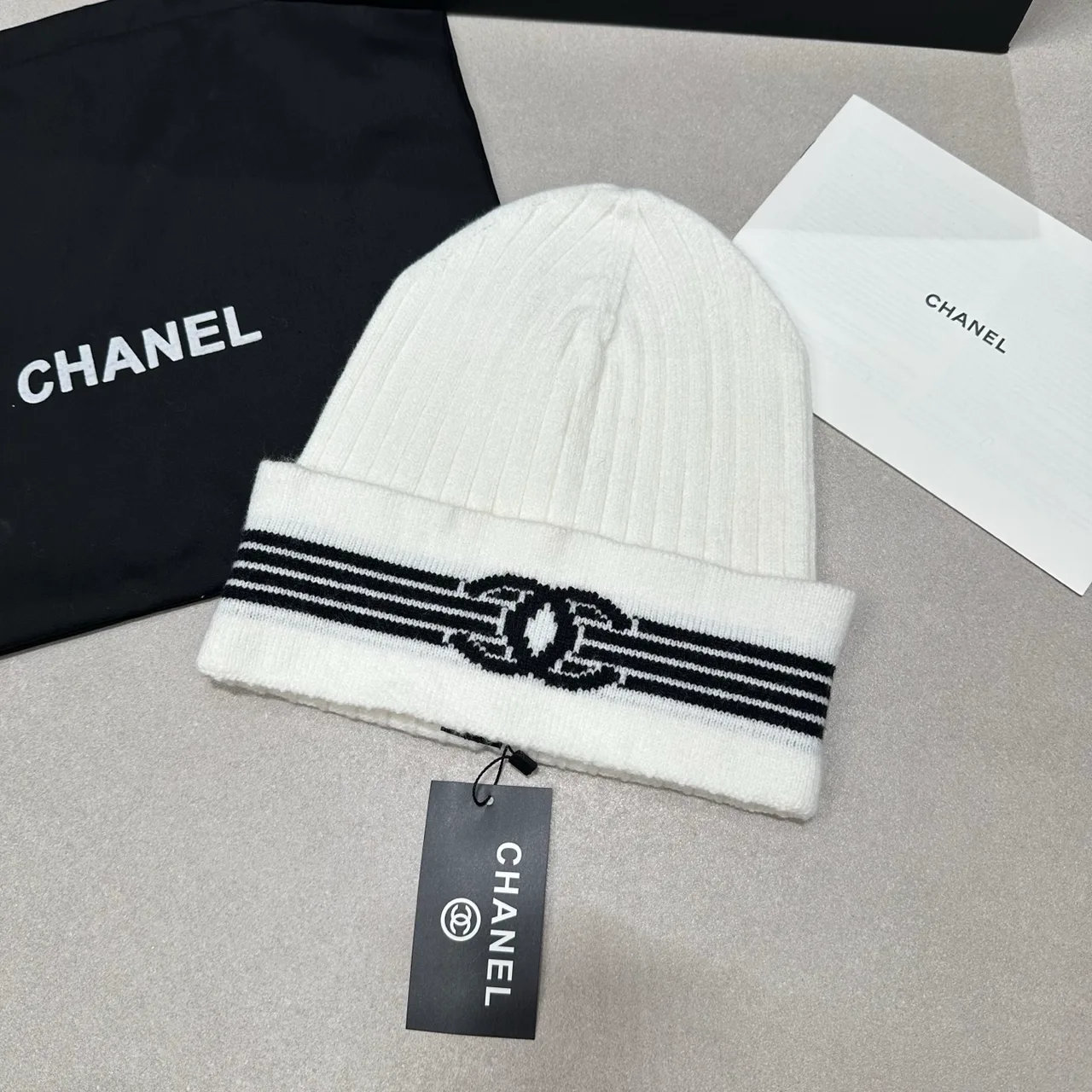 Chanel Striped CC knit beanie in Black & White · view 3