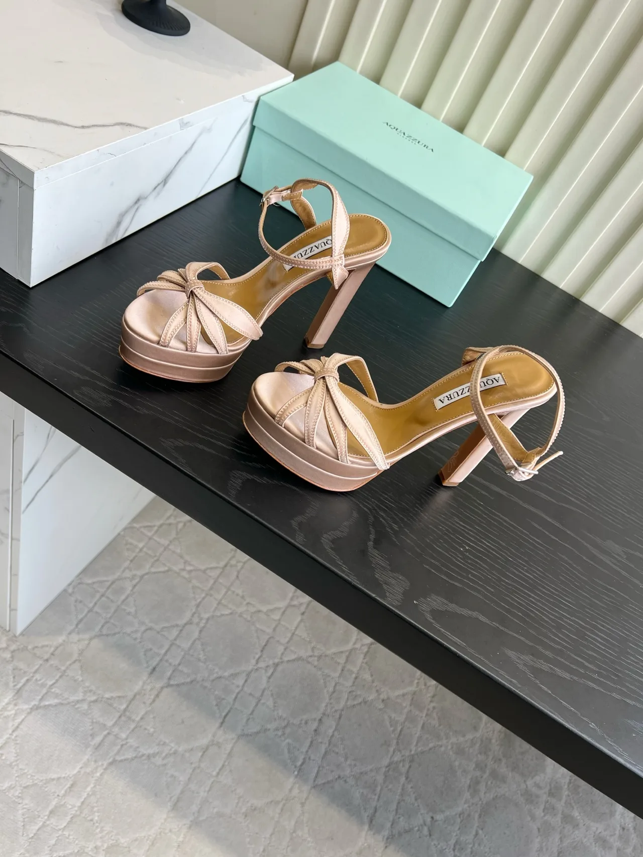 Aquazzura Silk Glossy Bow Sandals in Pink · view 2