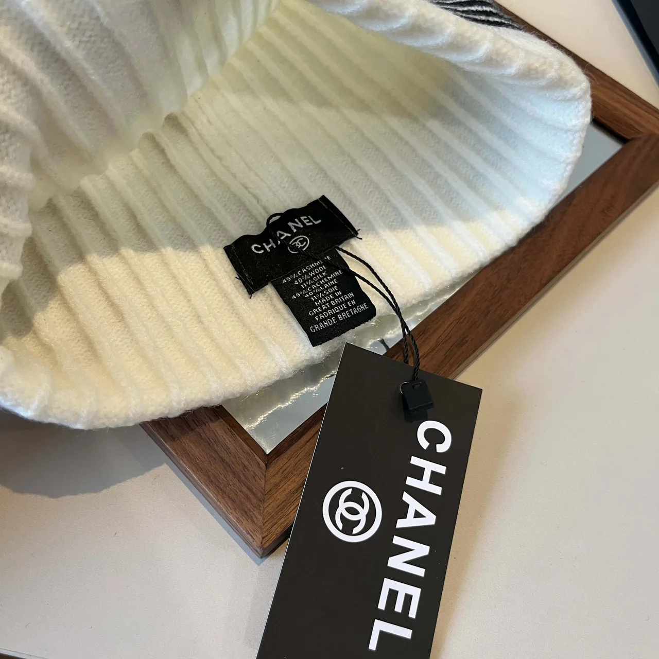 Chanel Ribbed Striped Beanie in White · view 4