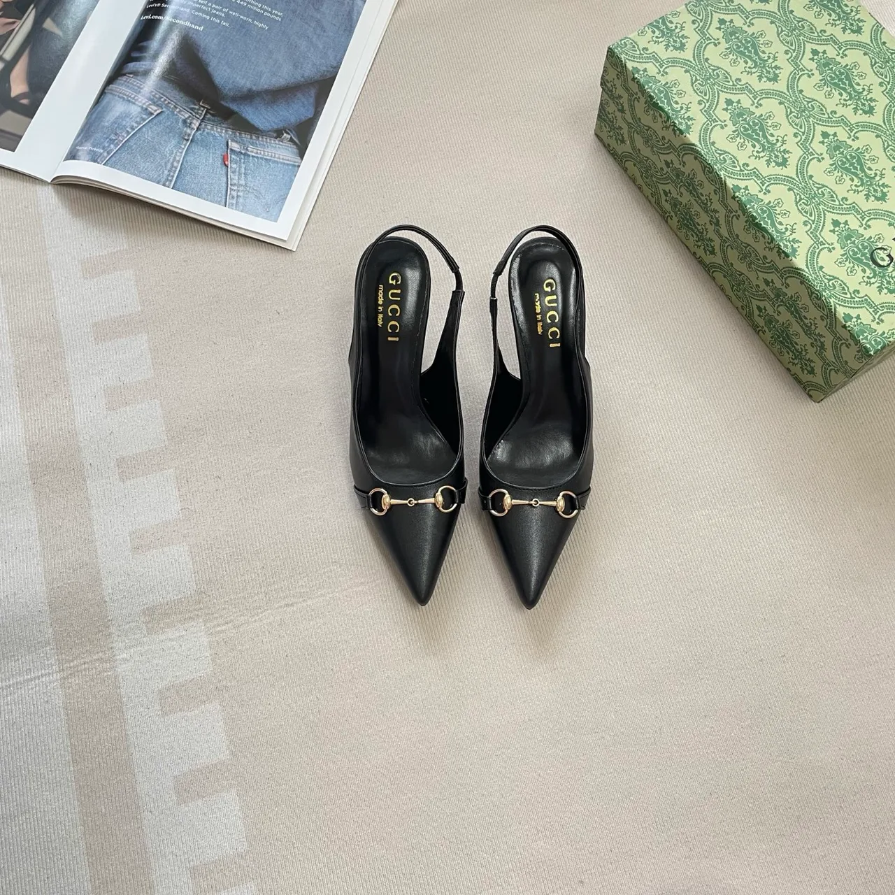Gucci Horsebit Slingback Pumps in Black / White / Blue / Beige · view 3