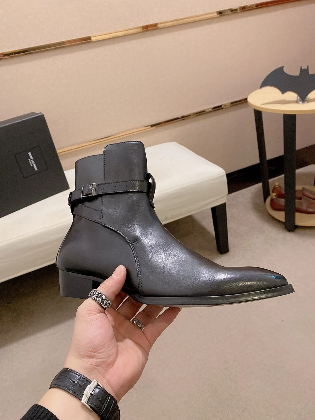 Saint Laurent Cowhide Glossy Pointed-Toe Buckle Ankle Boots in Black · view 4