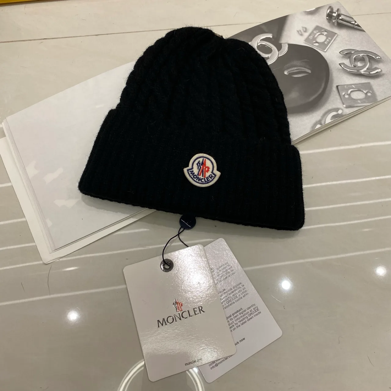 Moncler Beanie in Black & White & Tan & Grey & Beige & Burgundy & Brown · view 1