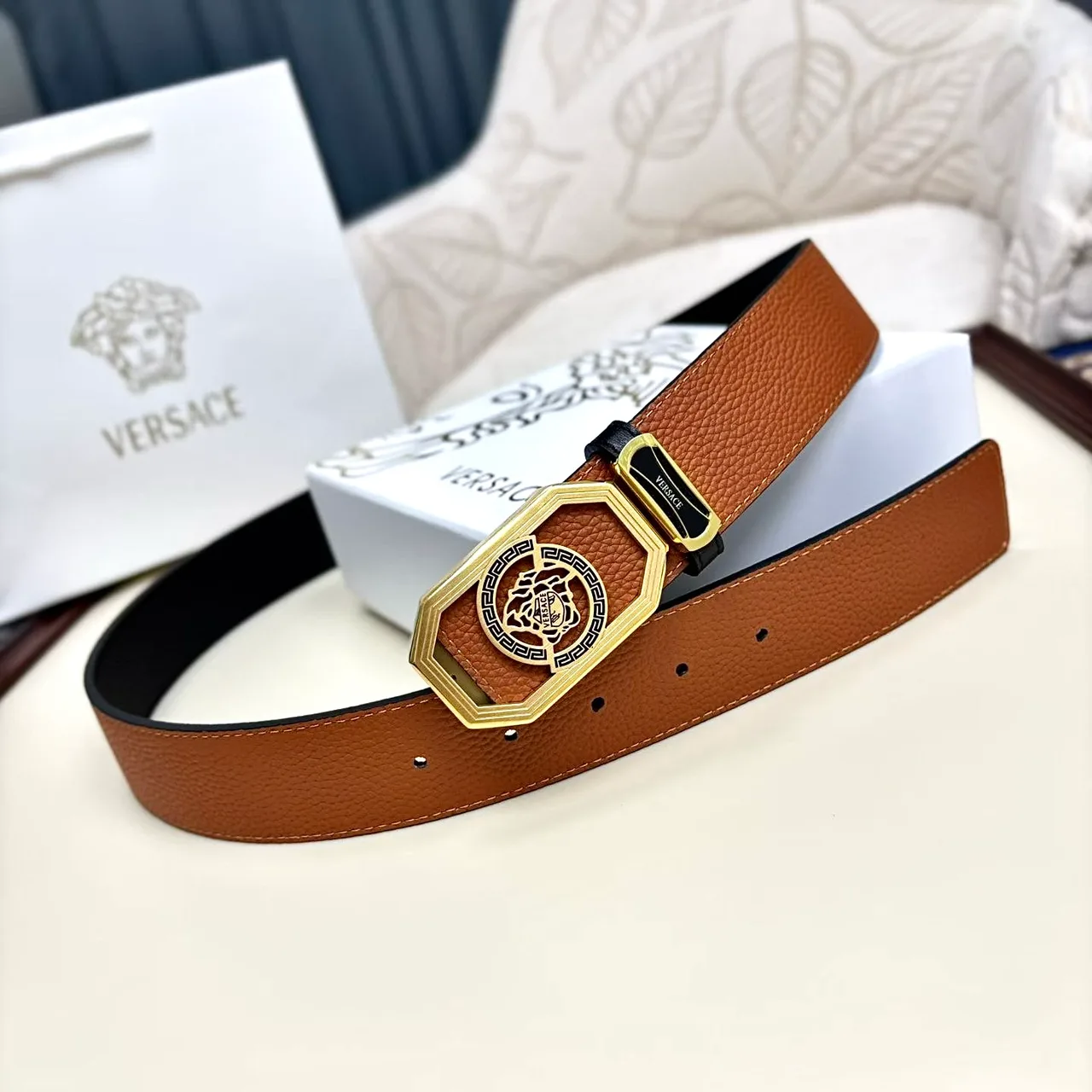 Versace Medallion buckle belt in Brown · view 3
