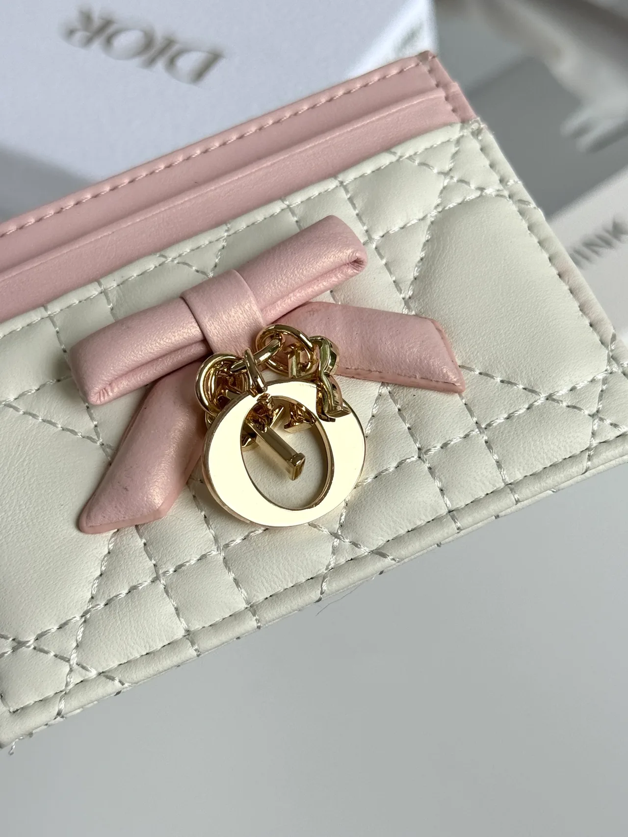 Dior Lambskin Quilted Bow Cardholder in White · view 3