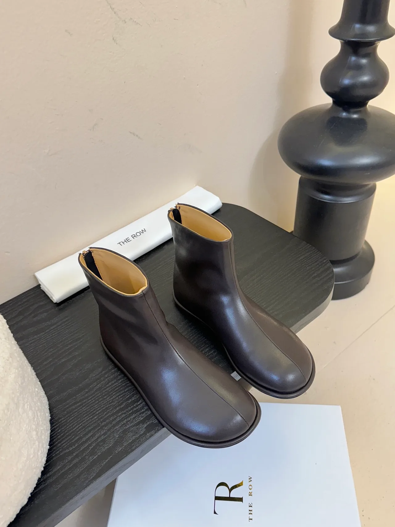 The Row Cowhide Glossy Round-Toe Chelsea Ankle Boots in Brown · view 2