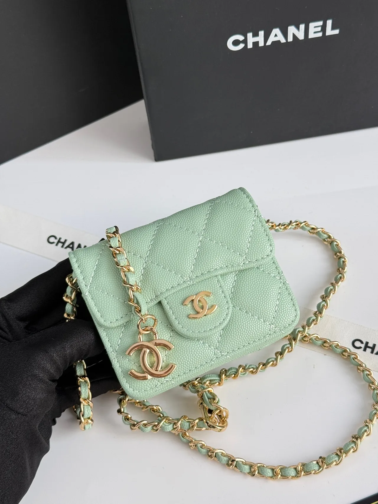Chanel Quilted Chain Mini Wallet in Green · view 4