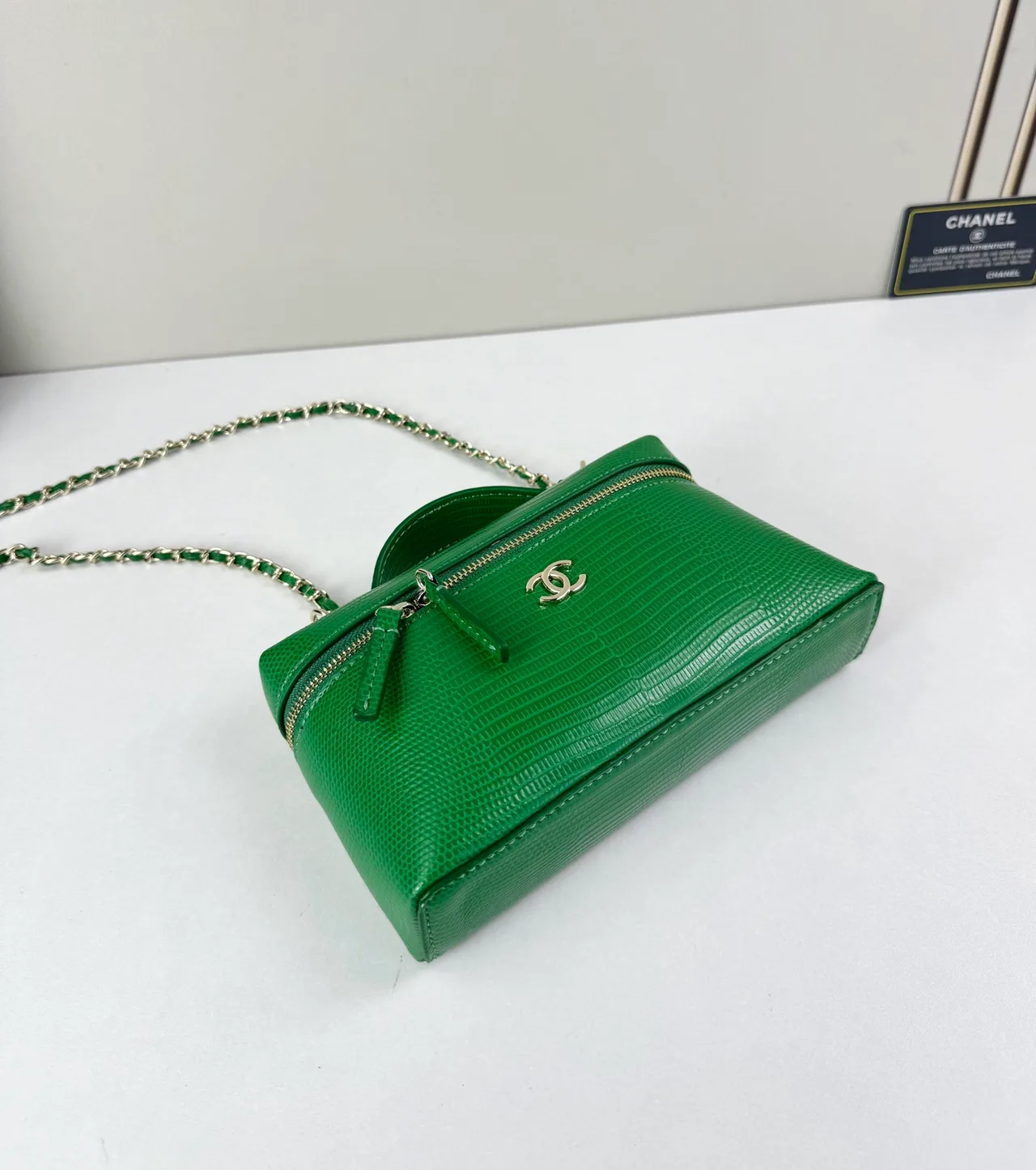 Chanel Cowhide Textured Chain-Strap Vanity Bag in Green · view 4