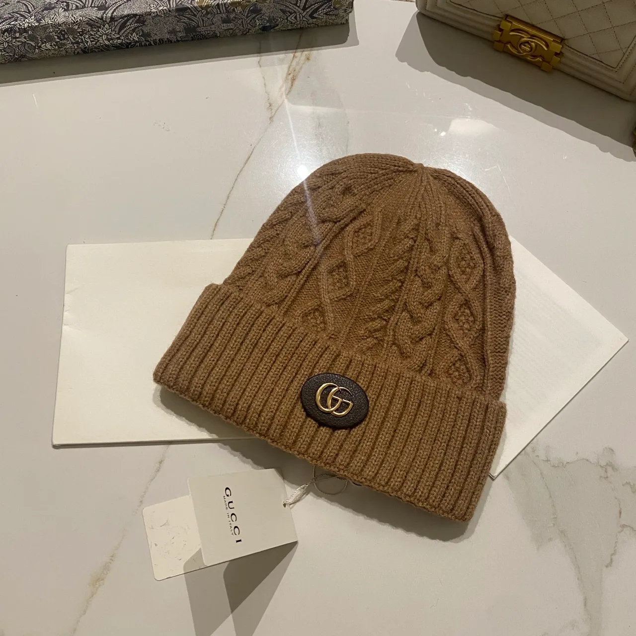 Gucci Cable-Knit Beanie in Black & Grey & White & Cream & Tan · view 5