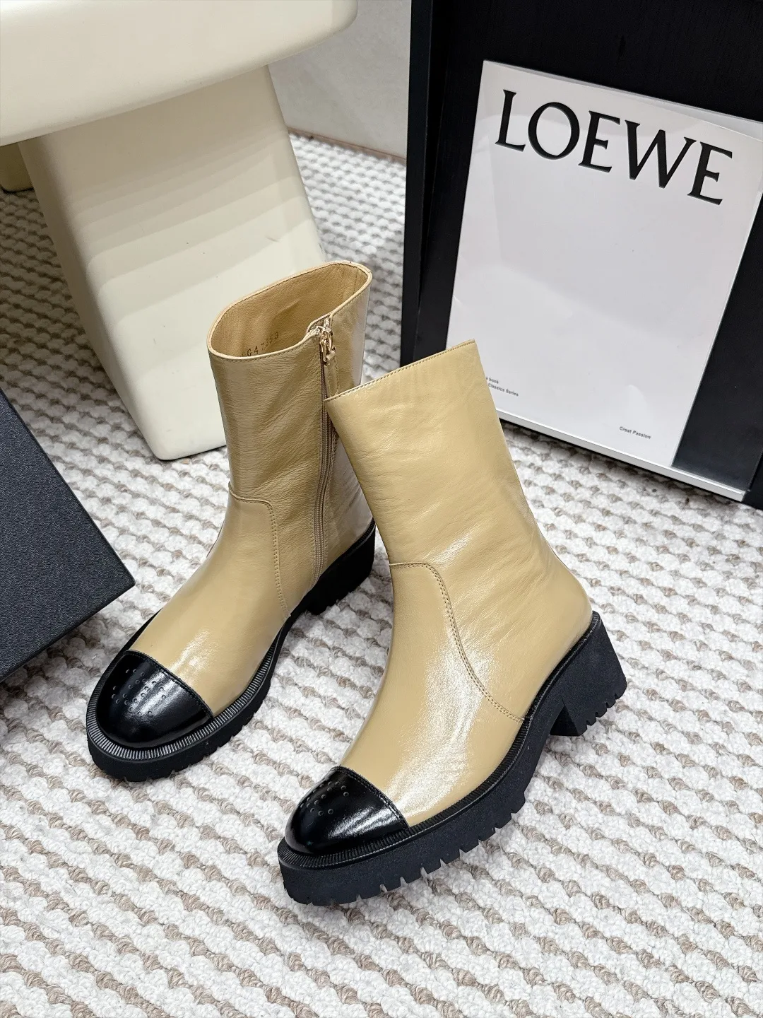 Loewe Cowhide Glossy Cap-Toe Ankle Boots in Tan · view 5