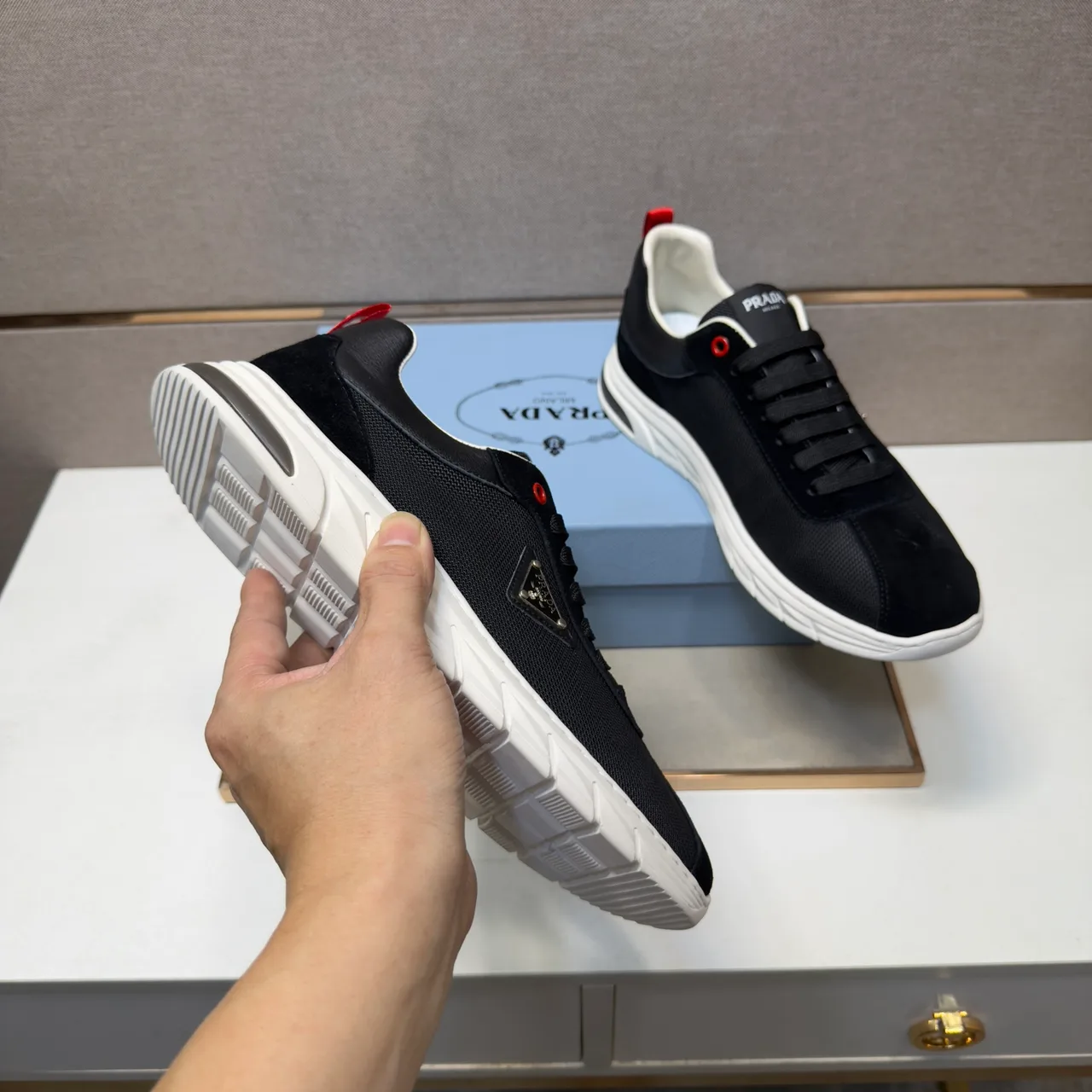 Prada Leather Sneakers in Black · view 7