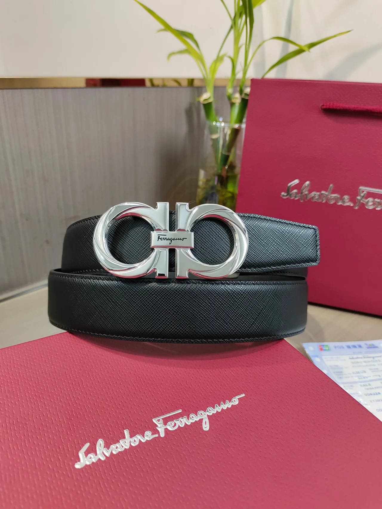 Ferragamo Calfskin Glossy Belt in Black · view 1