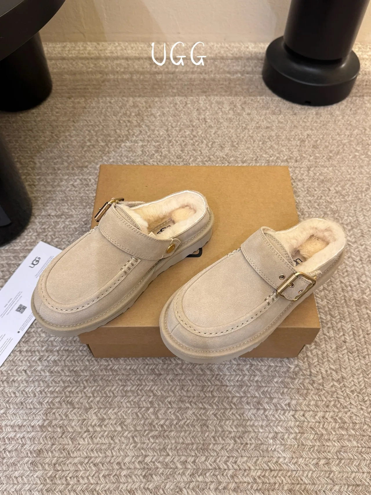 UGG Wool Suede-Look Buckle Lined Loafer Mules in Beige · view 4