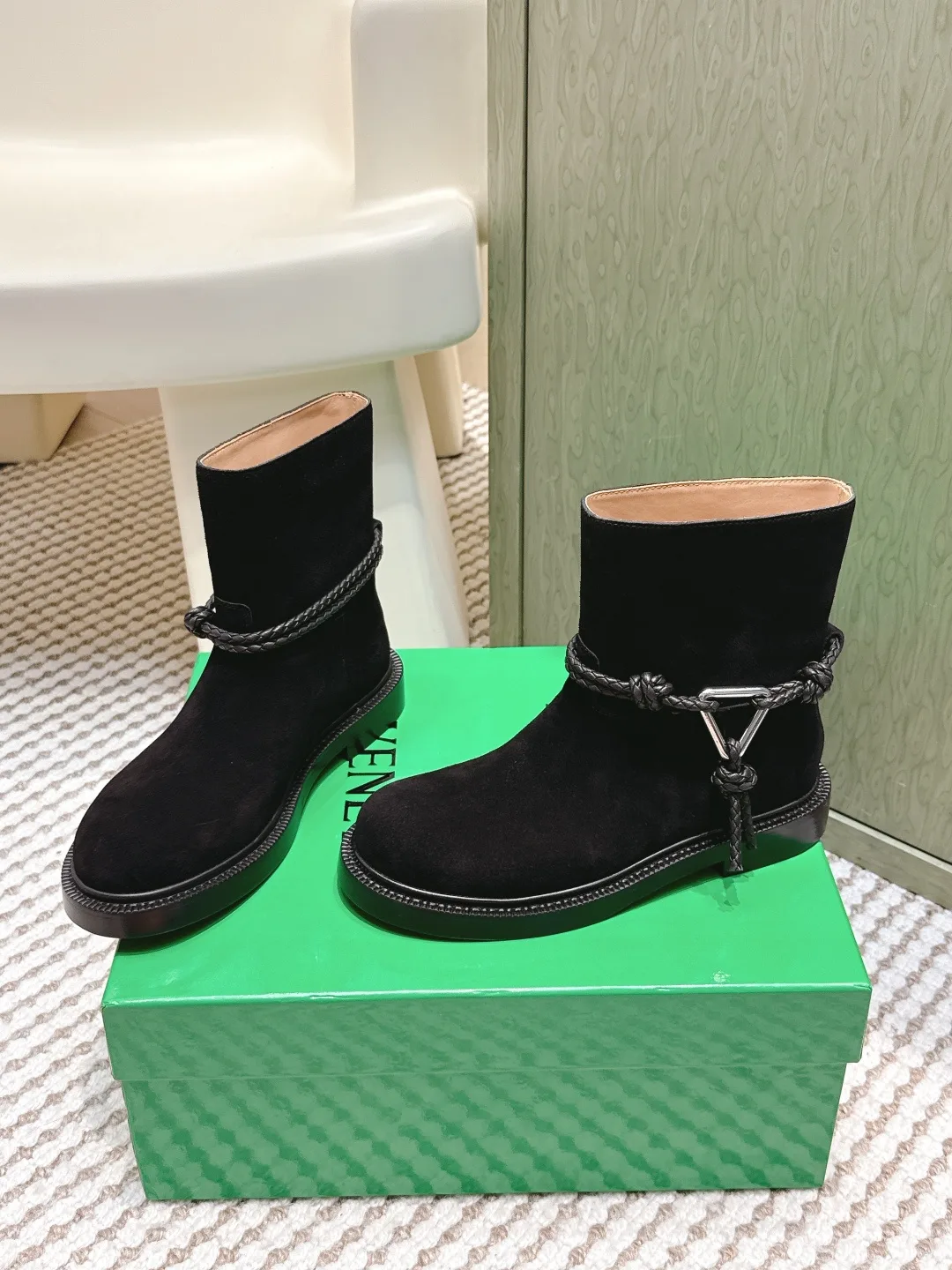 Bottega Veneta Calfskin Woven Glossy Ankle Boots in Black · view 2