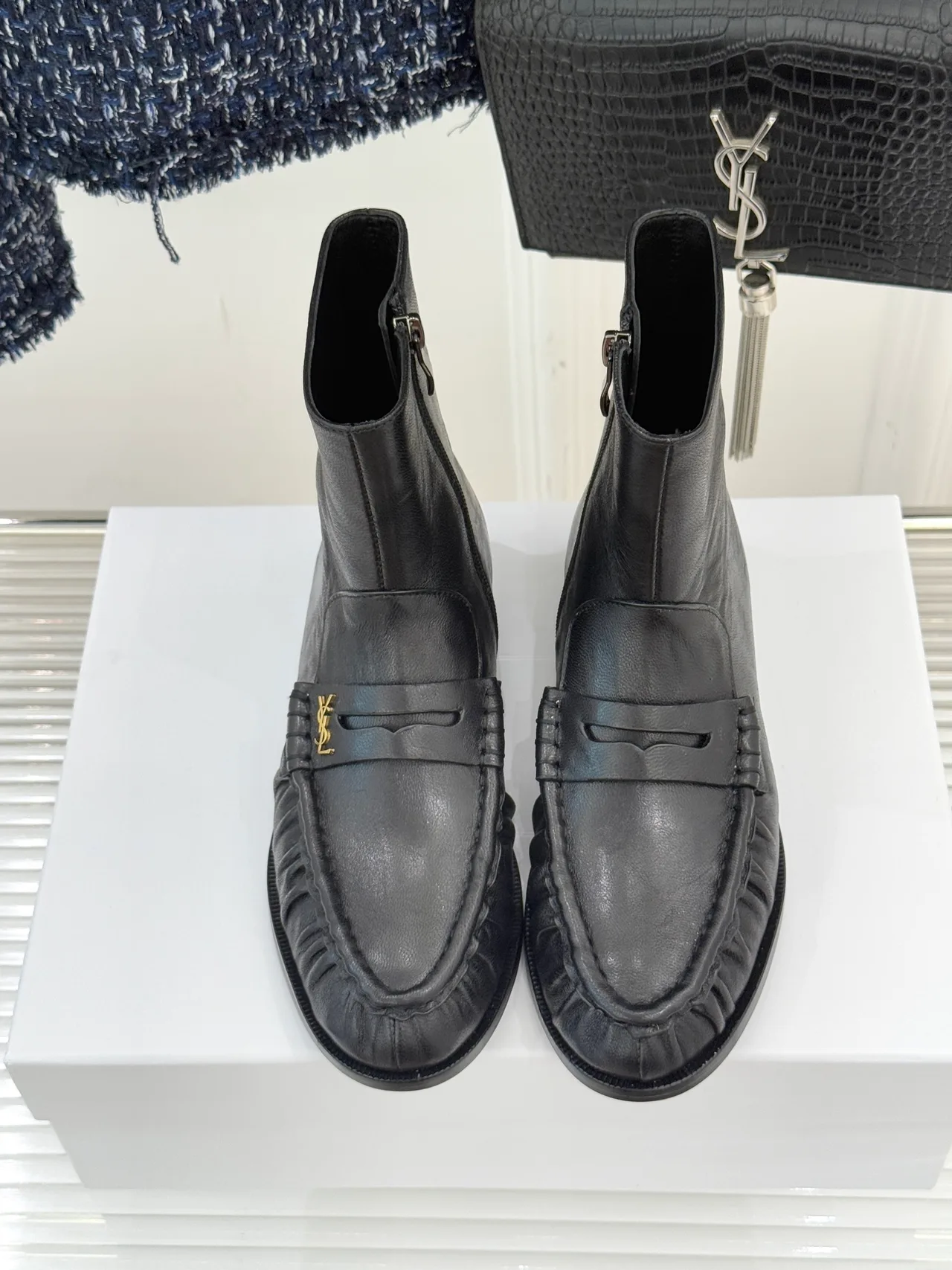 Saint Laurent Glossy Round-Toe Loafer Ankle Boots in Black · view 4