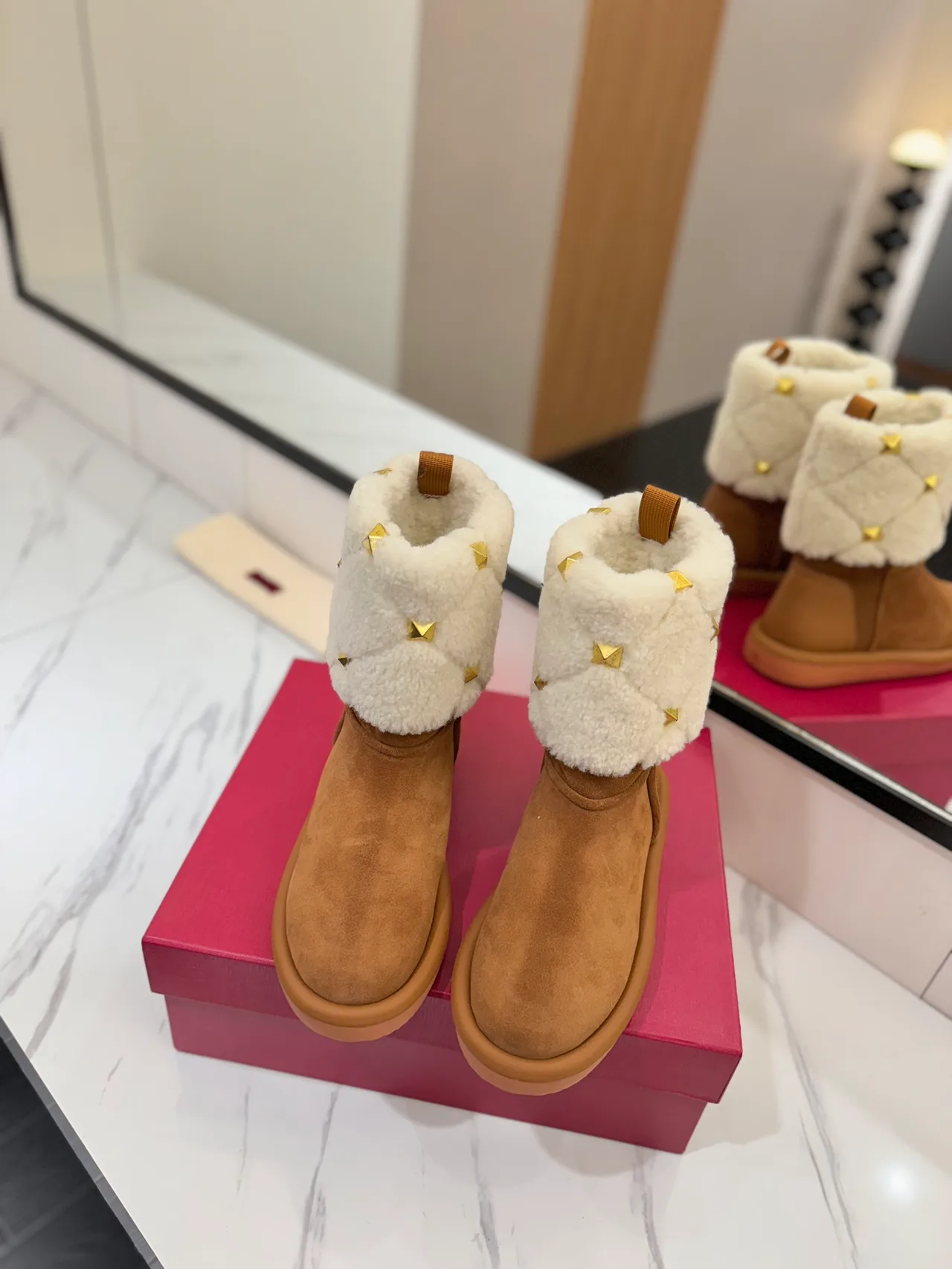 Valentino Quilted Suede-Look Boots in Tan · view 3