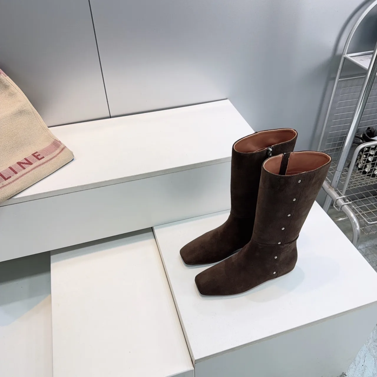 Celine Suede-Look Square-Toe Ankle Boots in Brown · view 3